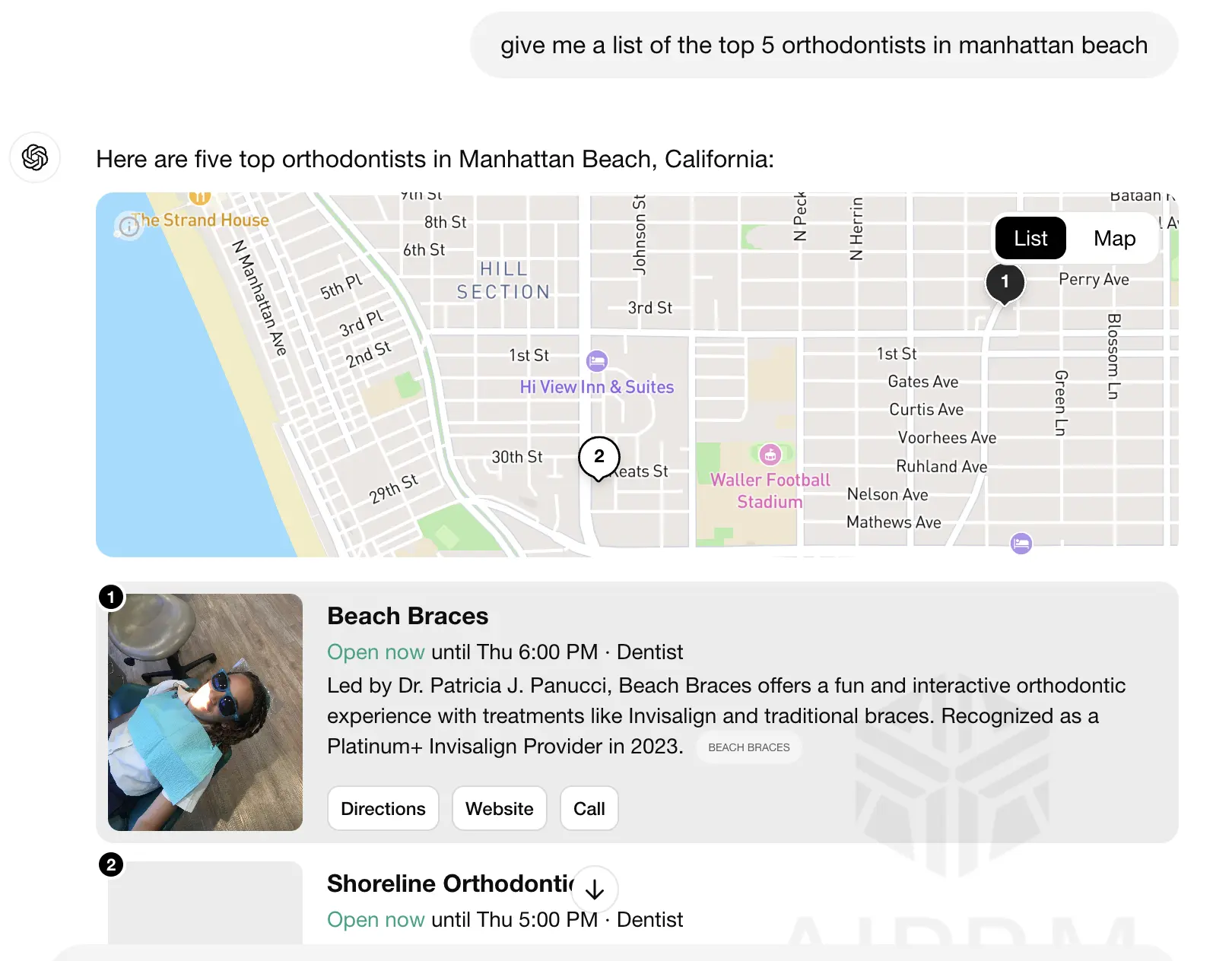 ChatGPT Search - top 5 orthodontists in manhattan beach