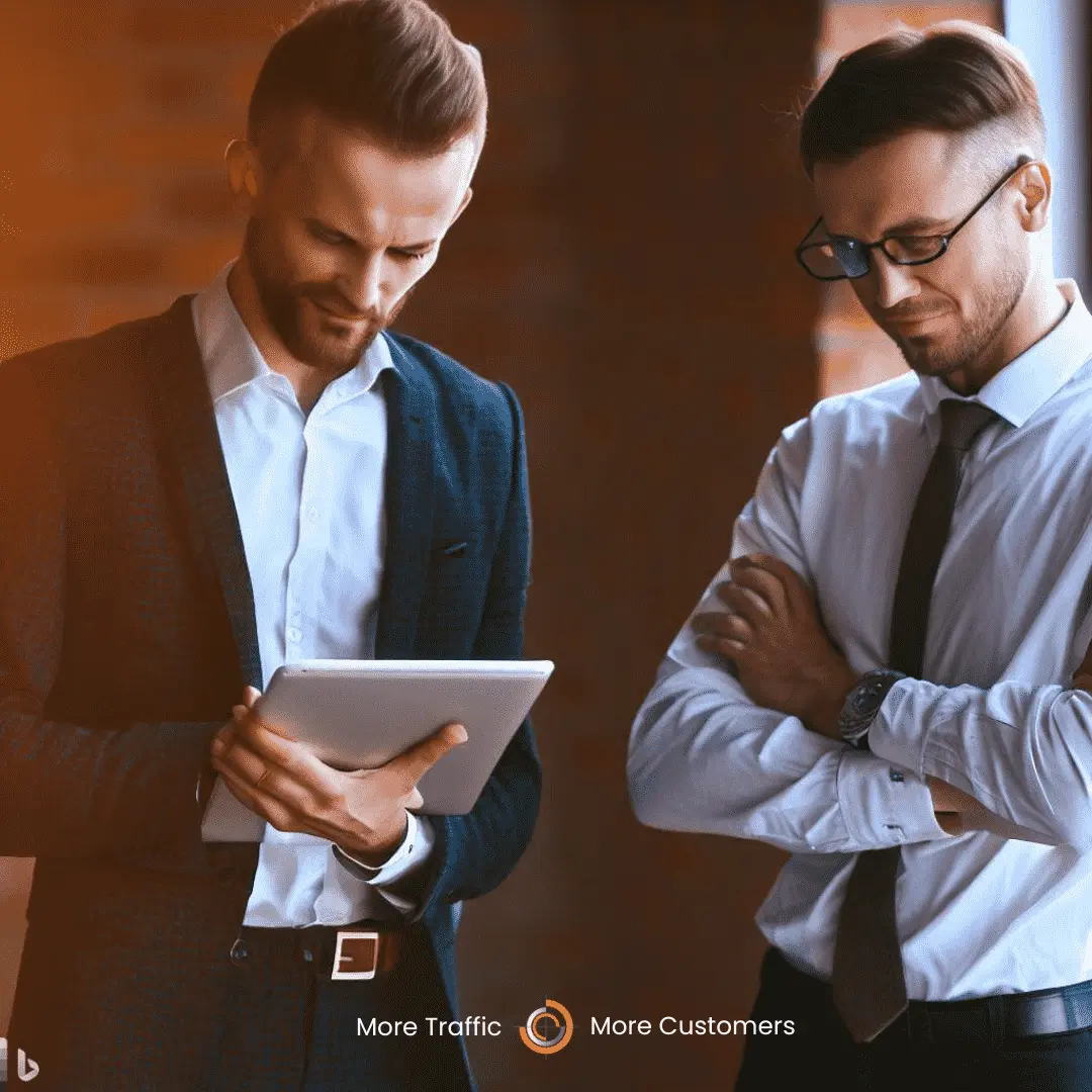 Colleagues analysing competitor reviews and click-through rates